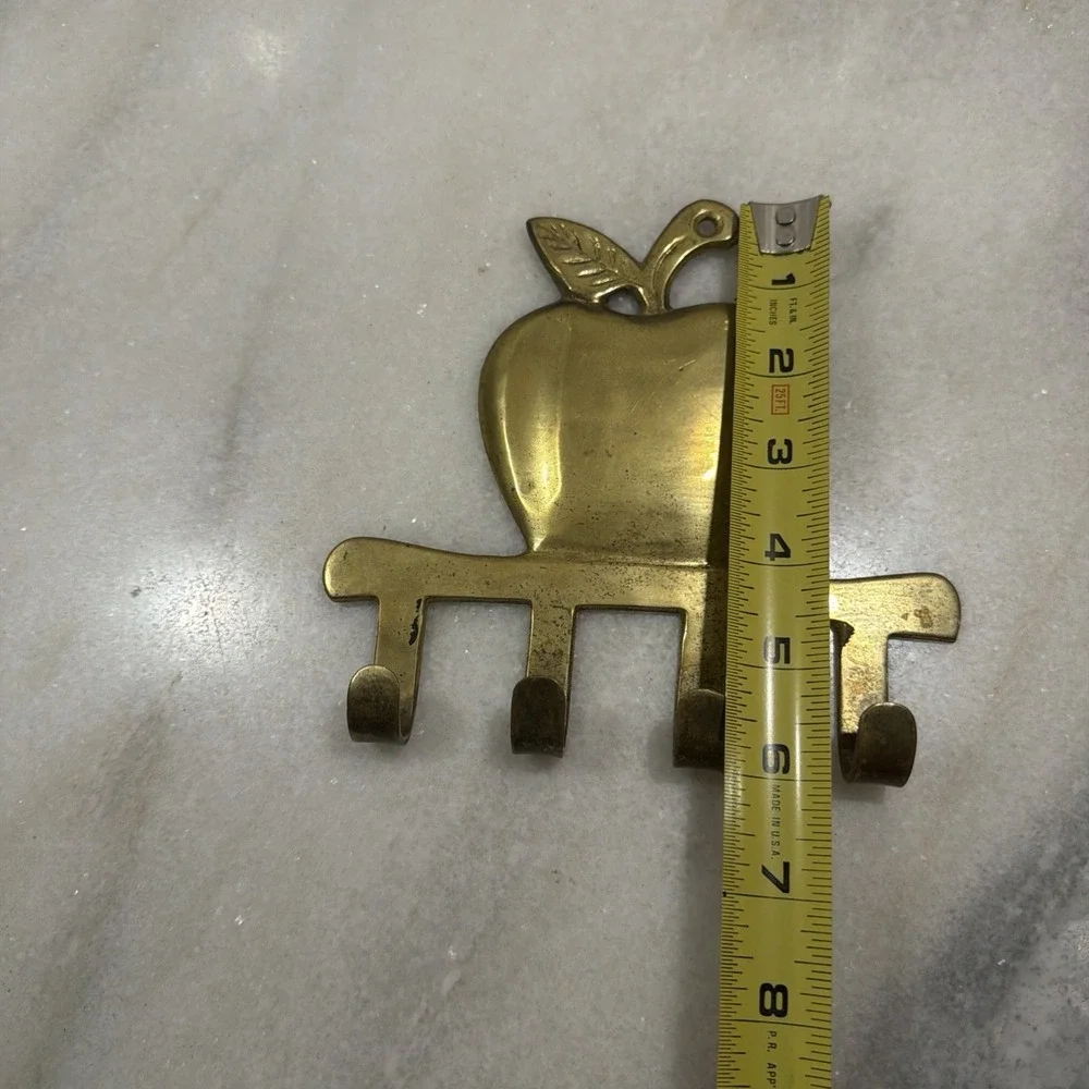 Vintage Brass Apple Wall Hook Rack 4 Pegs Kitchen Entryway Decor
